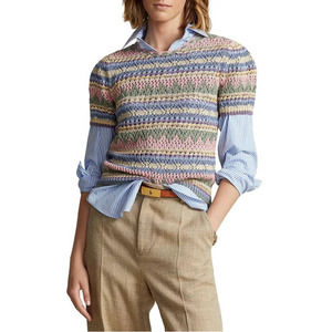 Polo Ralph Lauren Striped Pointelle-Knit Crochet Tee Puff Sleeve NWT Sz Med $298